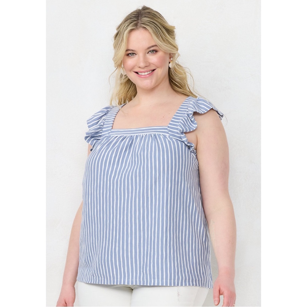 NWT LC Lauren Conrad Ruffle Swing Top Blue & White Stripe Plus Size 1X Size 4X